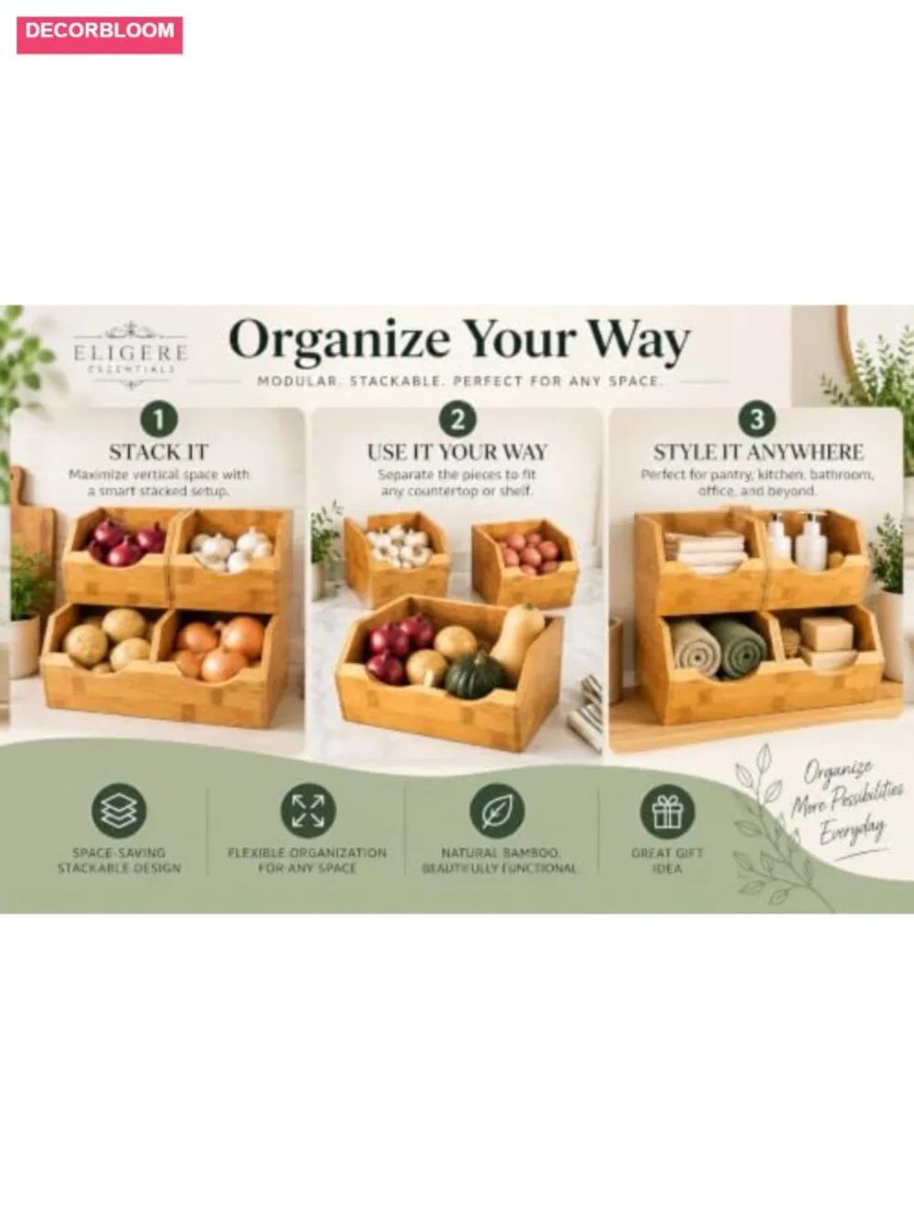 Bamboo Stackable Pantry Storage Bins Set 3 Piece Potato Onion Kitchen Organizer
